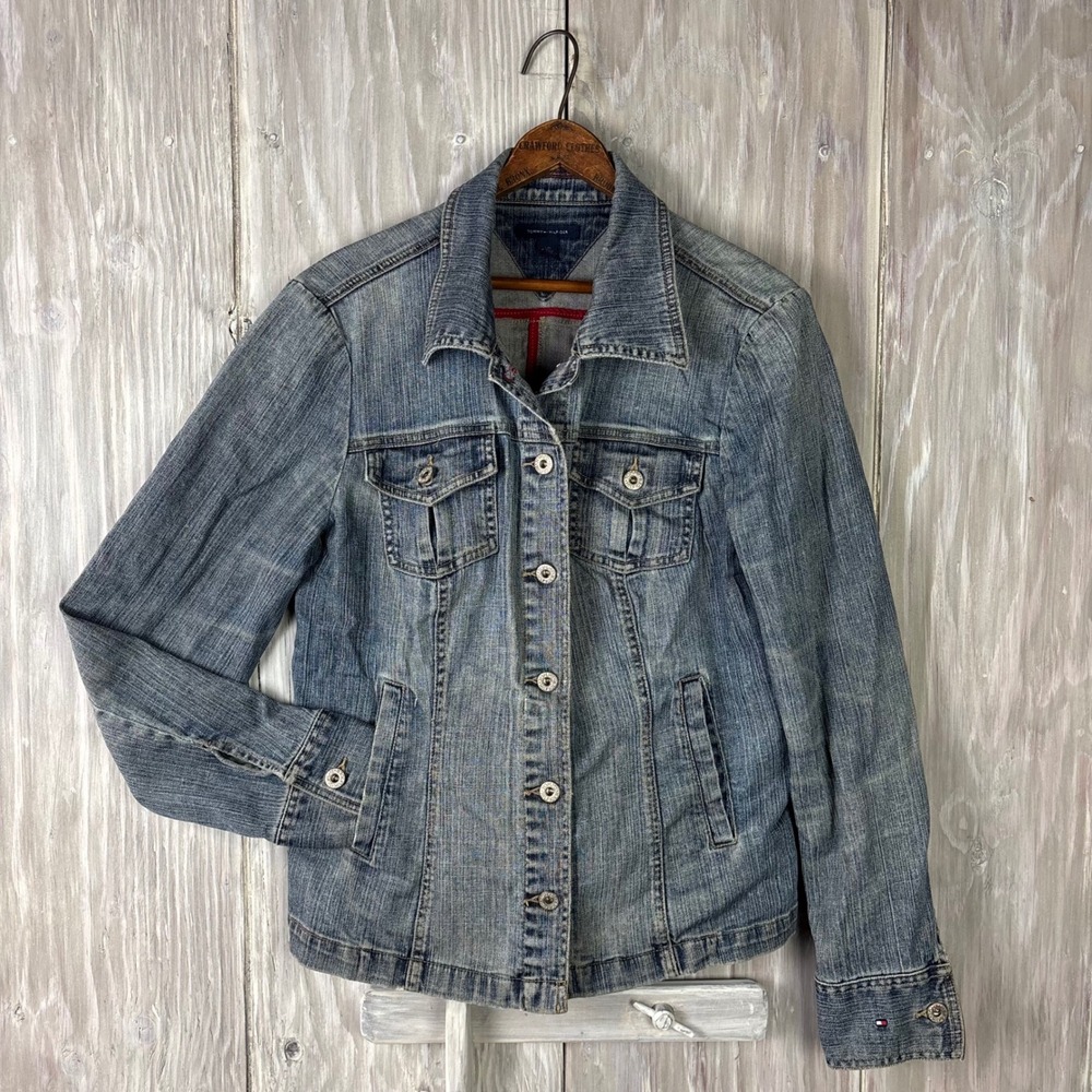 Tommy Hilfiger Denim Jacket‎ Womens L Lightweight Button Pockets Trucker Stretch
